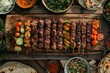 © Khawla - Middle eastern, arabic or mediterranean dinner table with grilled lamb kebab, chicken skewers with roasted vegetables and appetizers variety serving on wooden outdoor table. Overhead view