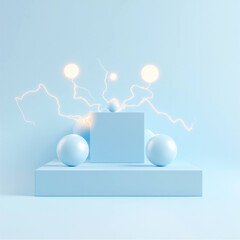 Poster - blue gift box on platform surrounded by glowing energy orbs and lightning, minimalist design