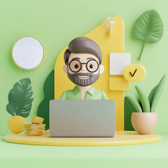 Poster - cheerful marketing manager with glasses working on laptop, surrounded by plants and creative decor