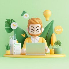 Aufkleber - cheerful marketing manager working on laptop surrounded by plants and creative icons