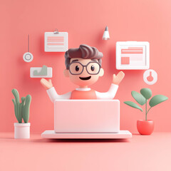 Poster - cheerful marketing manager working on laptop surrounded by office tools and plants in playful, modern workspace