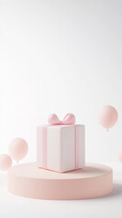 Poster - white gift box with pink ribbon and bow on pastel pink platform, surrounded by floating pink balloons, minimalist design