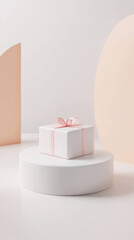 Leinwandbilder - white gift box with pink ribbon on round platform, surrounded by soft pastel shapes, minimalist and elegant