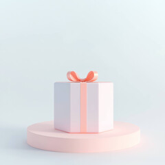 Leinwandbilder - pastel pink gift box with ribbon sits on round platform against soft white background, creating minimalist and elegant design