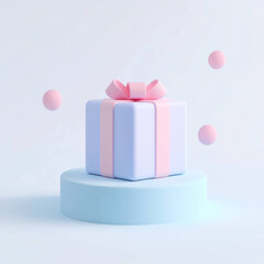 Leinwandbilder - pastel gift box with ribbon sits on round platform, surrounded by floating spheres, in minimalist render
