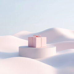 Leinwandbilder - pastel pink gift box with ribbon sits on white platform, surrounded by soft, wavy shapes in minimalist, serene setting