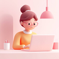 Poster - focused woman with glasses works on laptop at pastel pink desk, under matching lamp