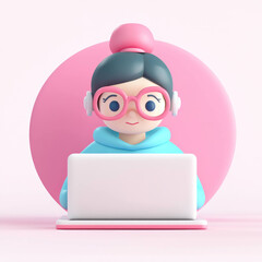 Poster - cheerful illustration of woman with glasses and headphones working on laptop, set against pink background