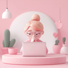 Poster - pastel themed workspace featuring woman with glasses working on laptop, surrounded by cacti and minimalist decor