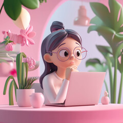 Poster - thoughtful young woman with glasses works on laptop in pastel pink room surrounded by plants and flowers