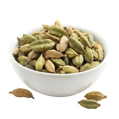 Wall Mural - Discover the aromatic allure of cardamom in a bowl on a backdrop of transparent, showcasing its vibrant green and brown pods, cardamom on transparent background