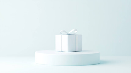 Poster - white gift box with ribbon is placed on round platform, featuring minimalist design and soft gradient shadows