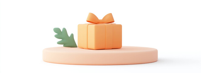 Leinwandbilder - minimalist render of orange gift box with bow on round platform, featuring soft edges and clean aesthetic