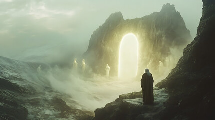 Wall Mural - the ascent: an elderly figure stands on the brink of eternity