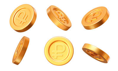 Wall Mural - 3d set of gold coins with the russian ruble sign at different angles. the currency of the russian fe