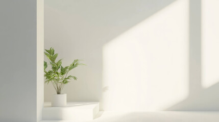 Aufkleber - Minimalist interior with potted plant, natural light, and clean white walls