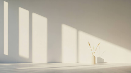Aufkleber - Minimalist interior with soft sunlight streaming through large windows, featuring simple vase
