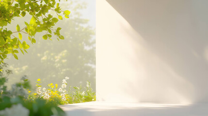 Poster - Minimalist outdoor space with soft sunlight, white walls, and lush greenery creating serene atmosphere