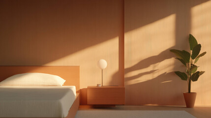 Fototapete - Minimal mid century bedroom with warm lighting, simple bed, wooden furniture, and potted plant