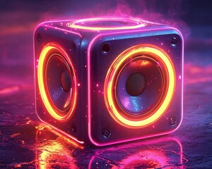 Poster - Glowing Neon Speaker Cube with Swirling Light Trails in Vibrant Sci Fi Aesthetic