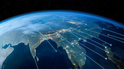 Wall Mural - earth in space. blue lines connect taipei, taiwan with cities across the world. worldwide travel or 