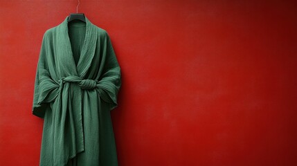 Wall Mural - Green bathrobe hanging on red wall.