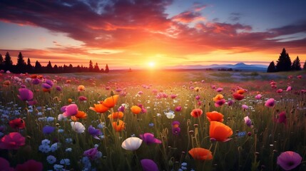 Poster - Lush meadow filled with a variety of colorful wildflowers blooming under a vibrant picturesque sunrise sky  Serene peaceful and tranquil natural landscape