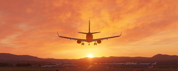 Multimodal Transport concept. A silhouette of an airplane landing against a vibrant sunset, with warm hues illuminating the sky and creating a dramatic backdrop.