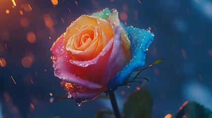 Canvas Print - Vibrant rainbow rose with water droplets, bokeh background.