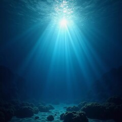 Poster - Light filters through the surface of the deep blue sea, creating a serene atmosphere with vibrant rays reaching down into the water's depths during the day. Generative AI