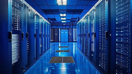 Poster - A high-tech data center features rows of servers glowing in blue light, highlighting the importance of data storage and processing in today's digital landscape.