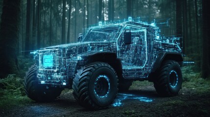Wall Mural - futuristic electric off-road vehicle in a dark forest.