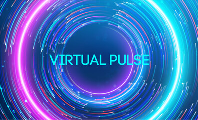 Fototapete - Virtual pulse surrounded by vibrant neon swirls and dynamic digital energy. Big data and data science integration with advanced technology and artificial intelligence concepts.