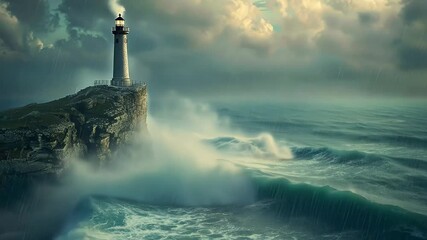 Wall Mural - The lighthouse illuminates the rocky coast while powerful waves crash against the shore, under a sky filled with looming storm clouds during a turbulent day.