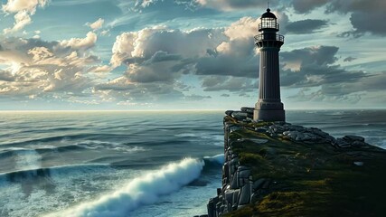 Wall Mural - The lighthouse overlooks churning waters, waves splashing against rugged rocks beneath a vibrant sky with wispy clouds, creating a dramatic coastal atmosphere at dusk.