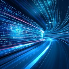 Poster - abstract data flow with light trails and binary code in futuristic technology background
