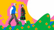 © master1305 - Elderly couple walking joyfully along whimsical path filled with flowers against abstract colorful background. Contemporary art collage. Concept of active elderly lifestyle, wellness. Pop art
