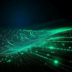 Poster - abstract flowing lines and dots in shades of green against a dark background