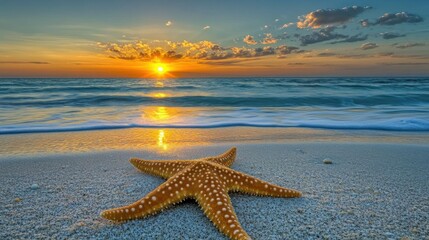 Wall Mural - starfish on beach at sunset; ocean waves gently lapping shore. perfect for travel, vacation, and sum