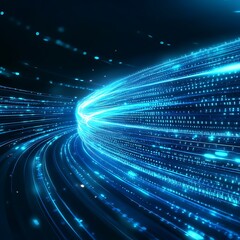Poster - abstract motion blur of bright blue lights in a digital space with flowing data stream