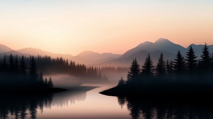 Poster - Serene sunset over mountains and river surrounded by tall trees in a tranquil landscape