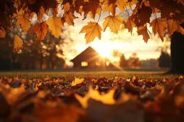 Wall Mural - Golden autumn leaves frame a tranquil sunset behind a cozy cabin in the countryside