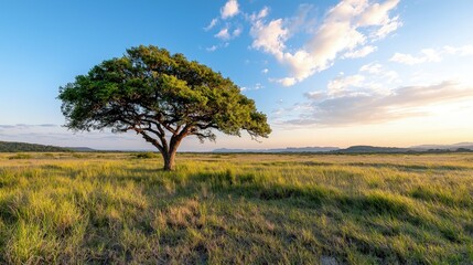 Sticker - Solitary tree in a vast savannah at sunset.