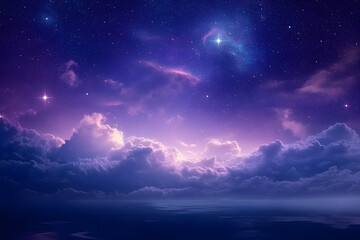 Night sky with stars. Universe filled with clouds, nebula and galaxy. Landscape with gradient blue and purple colorful cosmos with stardust and milky way. Magic color galaxy, space background