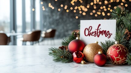 Wall Mural - Festive Christmas card with ornaments on marble table.