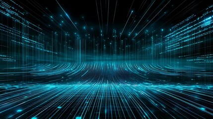 Poster - futuristic abstract digital space with lines of light and flowing data patterns in blue