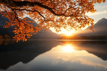 Wall Mural - Golden autumn sunset reflecting on calm lake surrounded by mountains and vibrant foliage