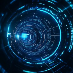 Poster - Futuristic Abstract Tunnel with Bright Digital Elements and Glowing Circles in Blue and Black