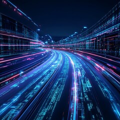Poster - futuristic digital landscape with blurred lights in motion representing data and technology