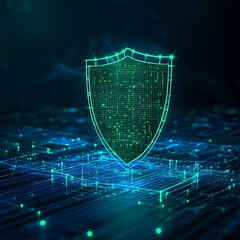 Poster - Futuristic Digital Shield with Neon Grid Design Against Technological Background